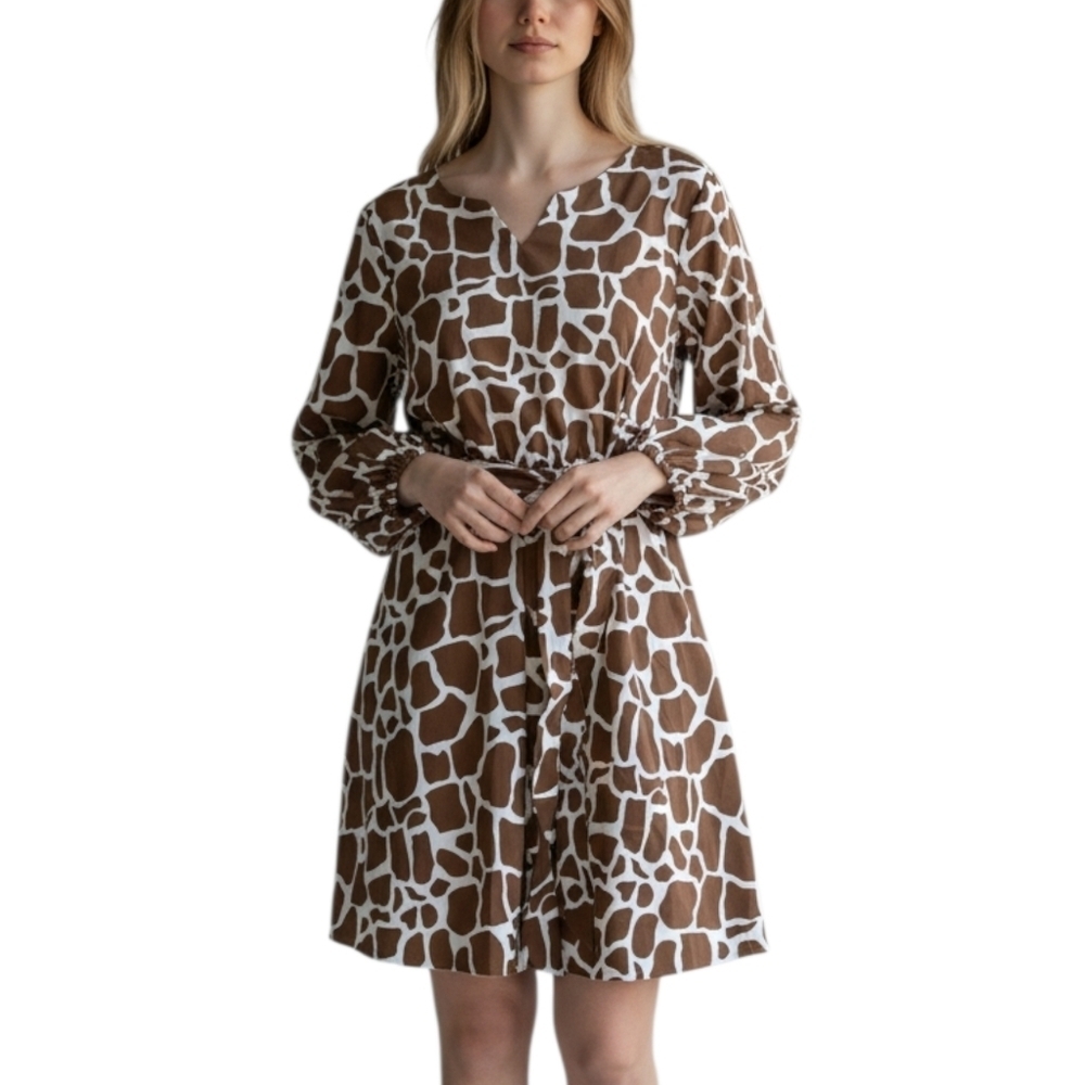 SHEIN Brown and White Animal Giraffe Print Belted Mini Dress 12